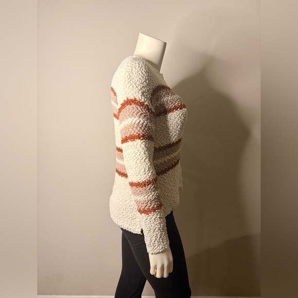 Bobeau Cream and Brown Crew Neck Sweater with Stripes - Picture 3 of 7